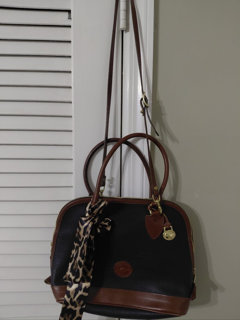 Black and Brown Women's Leather Satchel with Leopard Scarf